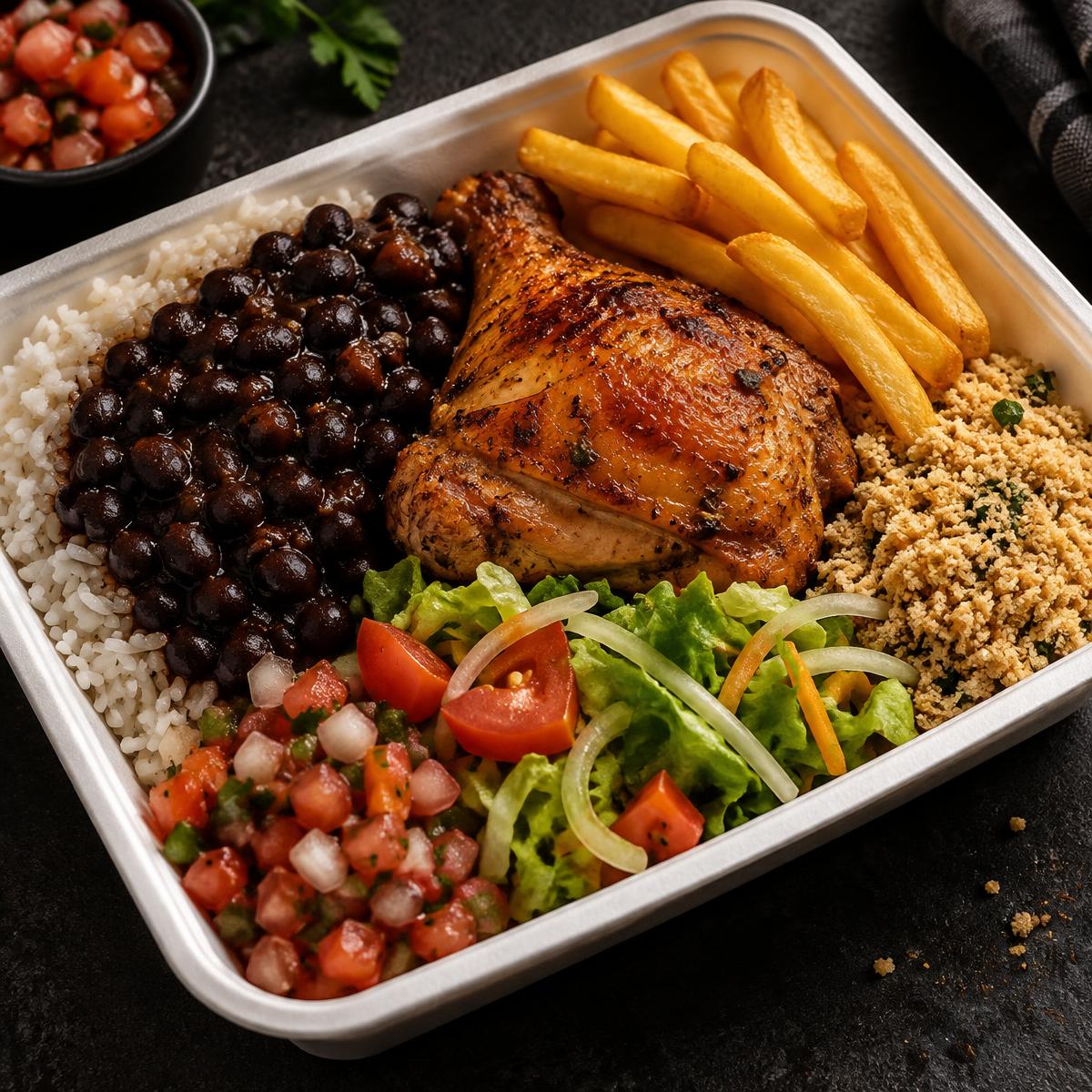 Marmita completa com arroz, feijão, frango assado, batata frita e salada